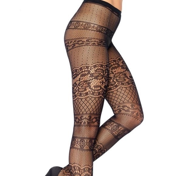 Black Striped Antique Lace Pantyhose OS Lingerie - Picture 2 of 2